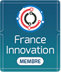 Logo France Innovation Membre, cercle rouge et noir sur fond bleu