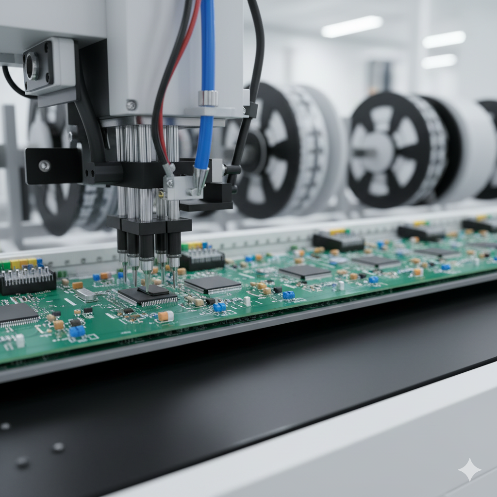 Robot automatisé assemblant une carte de circuit imprimé. Fabrication électronique de précision.