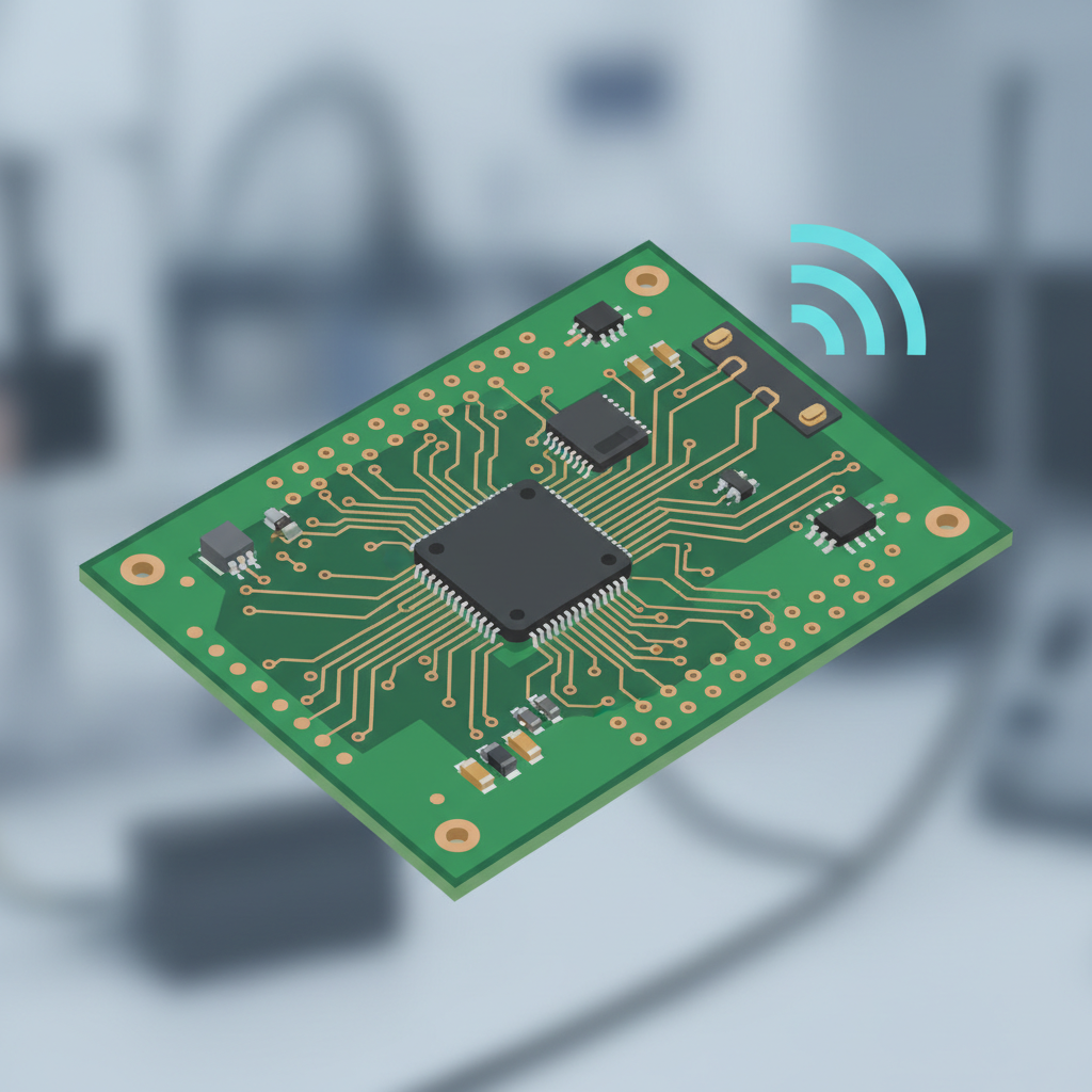 Carte de circuit imprimé avec puce, composants électroniques et symbole Wi-Fi. Connectivité sans fil.
