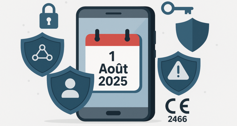 Smartphone avec date 1 Août 2025 entouré de symboles de sécurité. Certification RED DA.