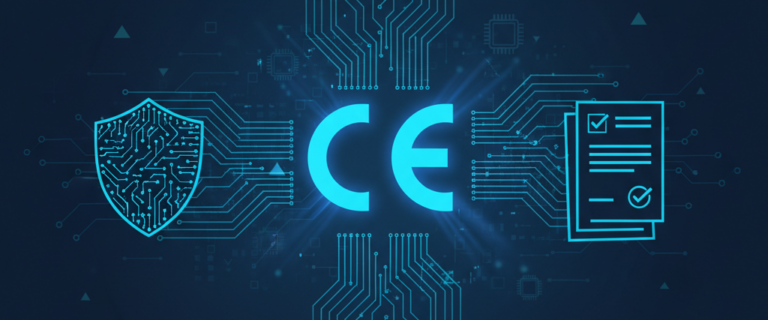 Marquage CE : Bouclier, texte CE et liste de contrôle sur fond de circuit électronique.