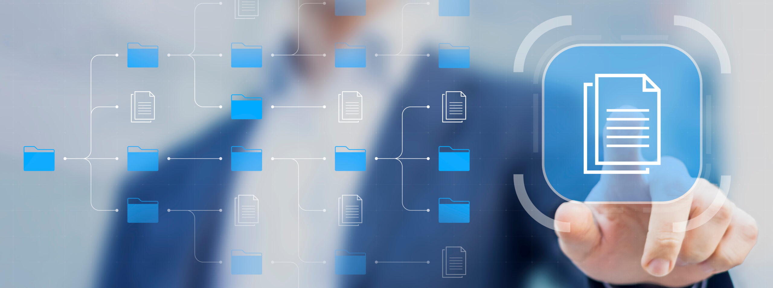 Interface de gestion documentaire avec dossiers et documents, doigt pointant vers icône de fichier.