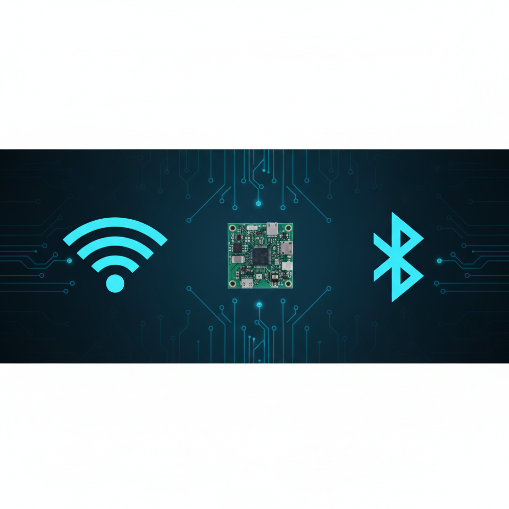 Module électronique avec Wi-Fi et Bluetooth, connecté par des circuits bleus sur fond noir.