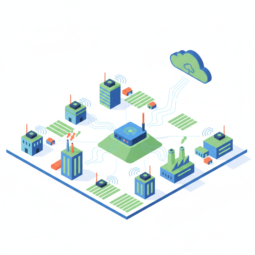 Schéma isométrique de réseau LoRa/LoRaWAN reliant bâtiments, champs et cloud. Technologie IoT et connectivité.
