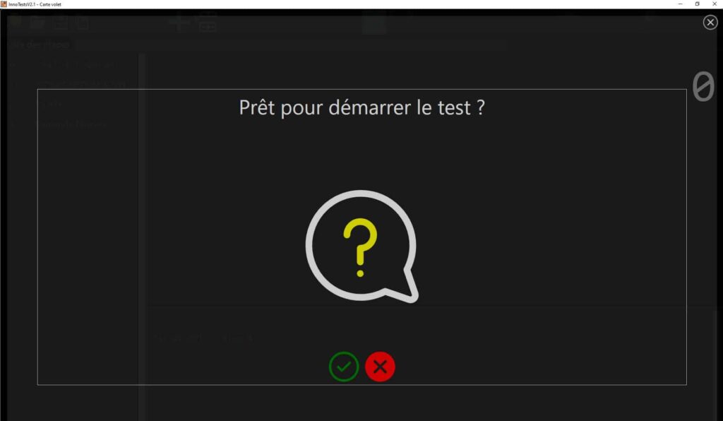 Fenêtre de test Innotest : "Prêt pour démarrer le test ?" avec icône de point d'interrogation.