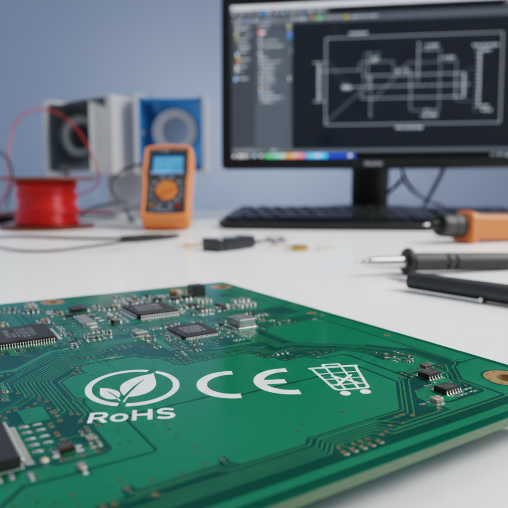 Carte de circuit imprimé verte avec les logos RoHS et CE. Normalisation & certifications.