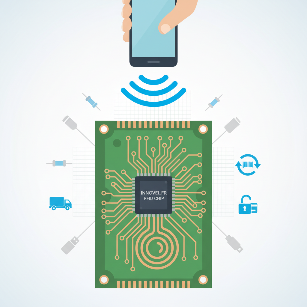 Schéma d'une puce RFID Innovel FR avec un smartphone et des icônes. NFC et RFID.