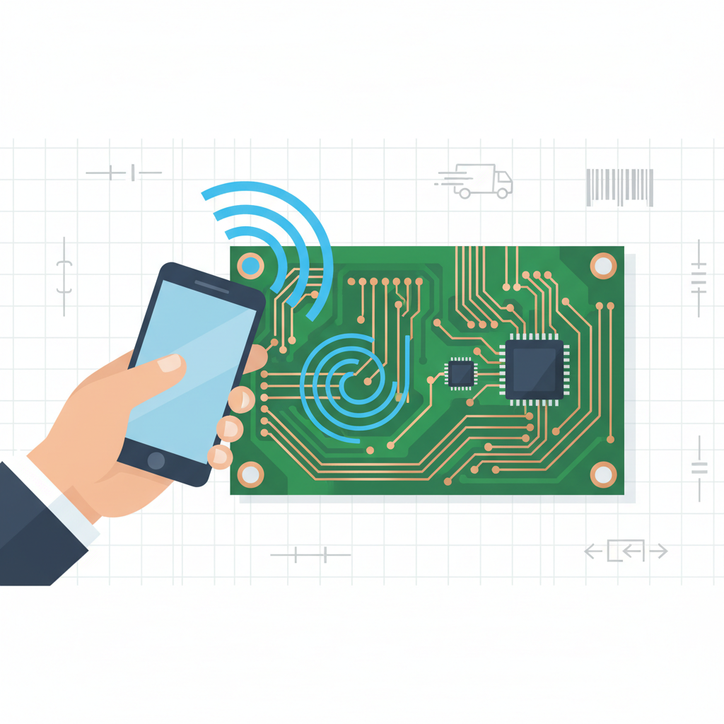 Smartphone NFC connectant une carte de circuit imprimé. Technologie RFID et communication sans fil.
